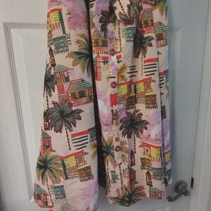 Tropical Print Button-Front A-Line Skirt - Pink